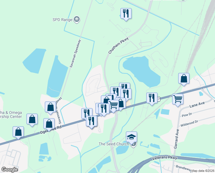 map of restaurants, bars, coffee shops, grocery stores, and more near 1699 Chatham Parkway in Savannah