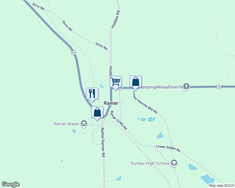 map of restaurants, bars, coffee shops, grocery stores, and more near 54 Main Street in Ramer