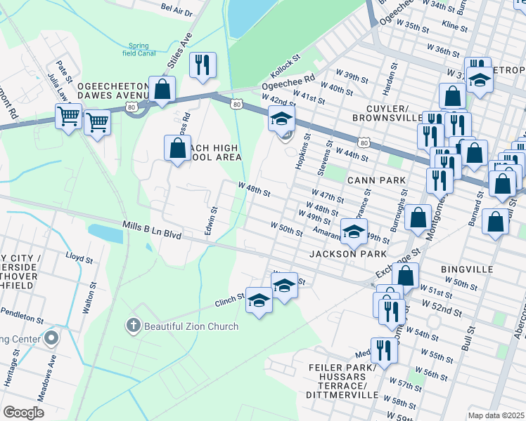 map of restaurants, bars, coffee shops, grocery stores, and more near 1117 West 48th Street in Savannah