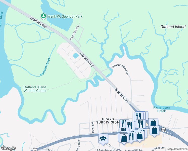 map of restaurants, bars, coffee shops, grocery stores, and more near 704 Oatland Island Road in Savannah