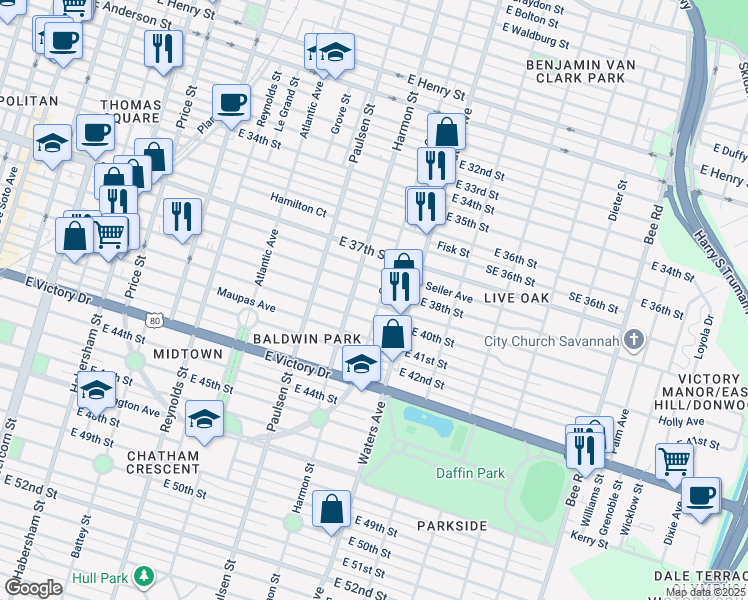 map of restaurants, bars, coffee shops, grocery stores, and more near 918 East 38th Street in Savannah