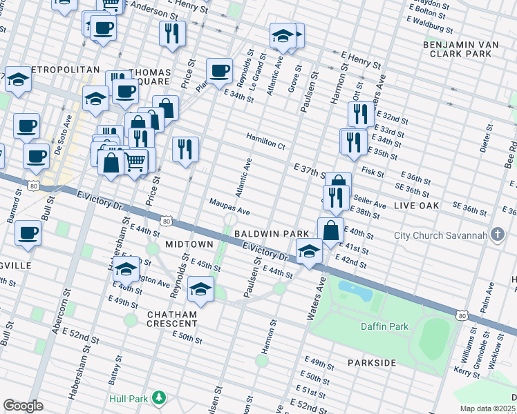 map of restaurants, bars, coffee shops, grocery stores, and more near 712 East 40th Street in Savannah