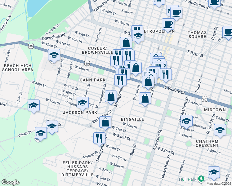 map of restaurants, bars, coffee shops, grocery stores, and more near 2901 Martin Luther King Junior Boulevard in Savannah