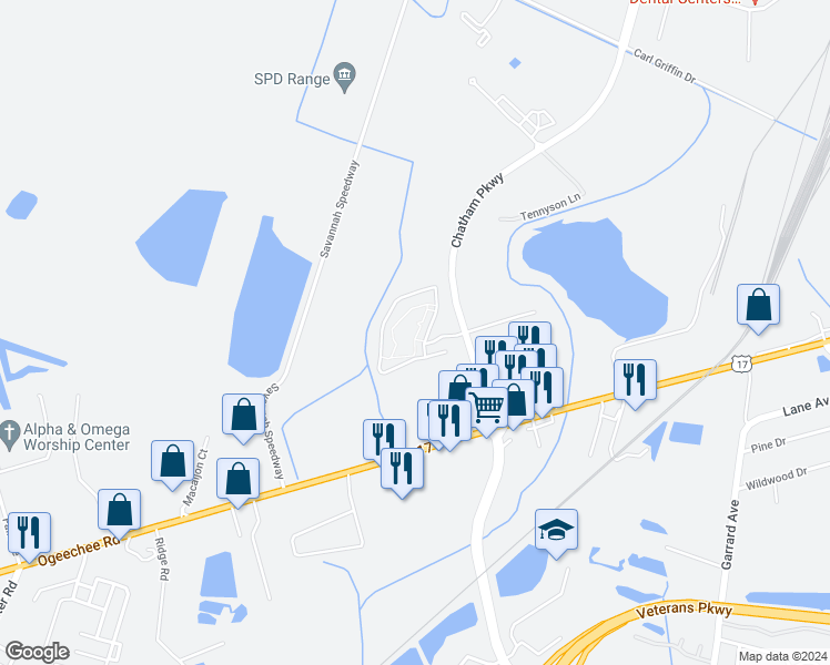 map of restaurants, bars, coffee shops, grocery stores, and more near 1699 Chatham Parkway in Savannah