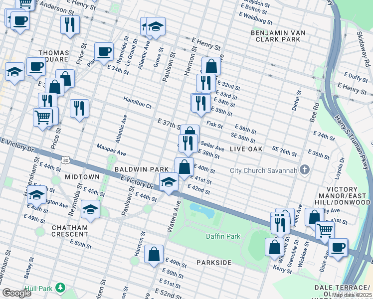 map of restaurants, bars, coffee shops, grocery stores, and more near 1015 East 38th Street in Savannah