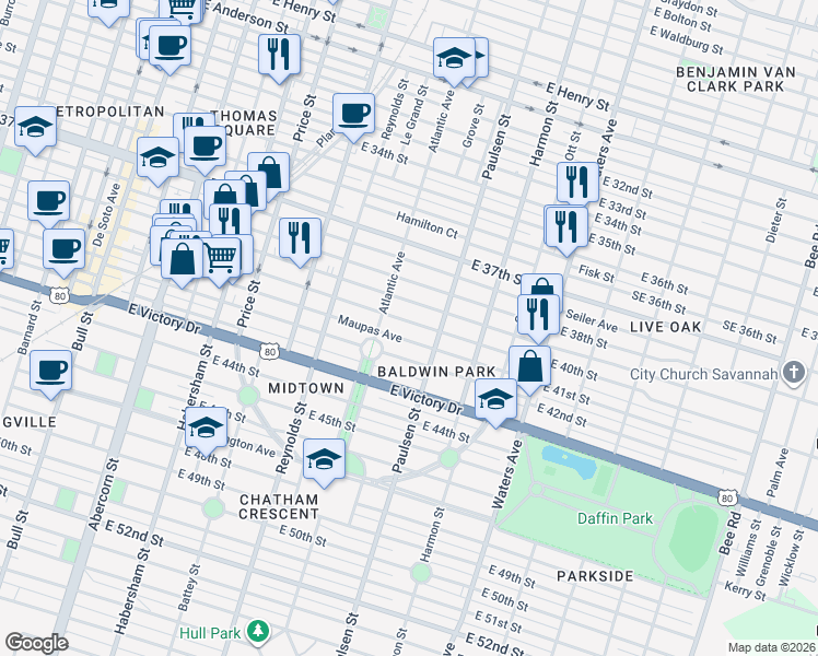 map of restaurants, bars, coffee shops, grocery stores, and more near 712 East 40th Street in Savannah