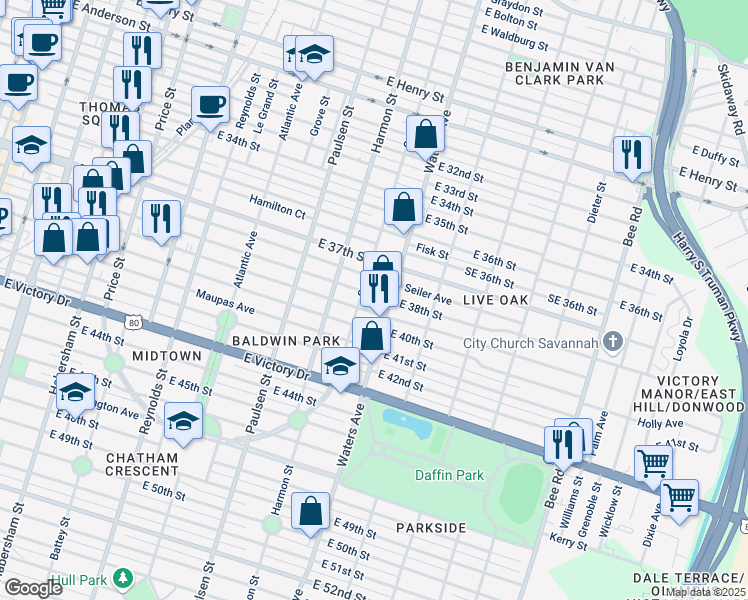 map of restaurants, bars, coffee shops, grocery stores, and more near 1015 East 38th Street in Savannah