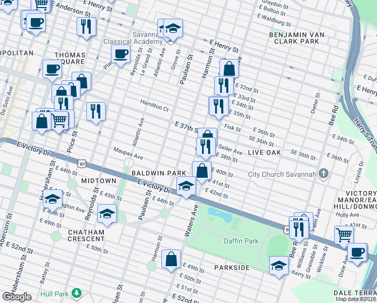 map of restaurants, bars, coffee shops, grocery stores, and more near 918 East 38th Street in Savannah