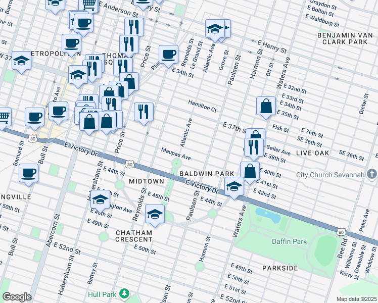 map of restaurants, bars, coffee shops, grocery stores, and more near 712 East 40th Street in Savannah