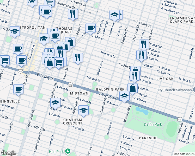 map of restaurants, bars, coffee shops, grocery stores, and more near 712 East 40th Street in Savannah