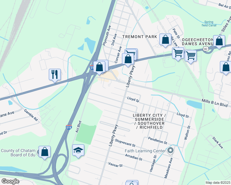map of restaurants, bars, coffee shops, grocery stores, and more near 1923 Fitzgerald Street in Savannah