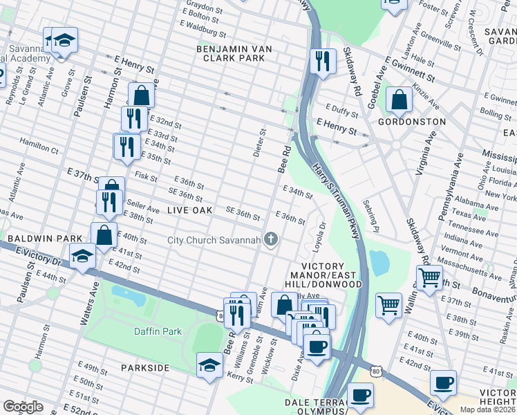 map of restaurants, bars, coffee shops, grocery stores, and more near 1528 Northeast 36th Street in Savannah