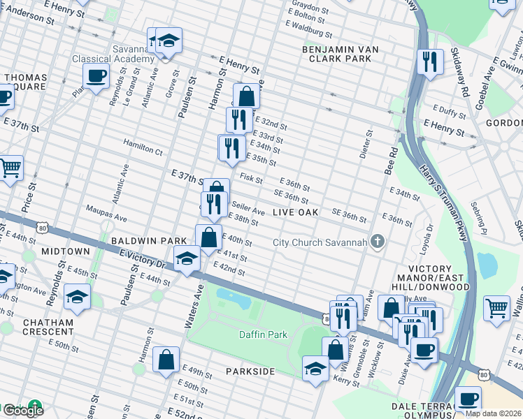 map of restaurants, bars, coffee shops, grocery stores, and more near 1215 East 37th Street in Savannah
