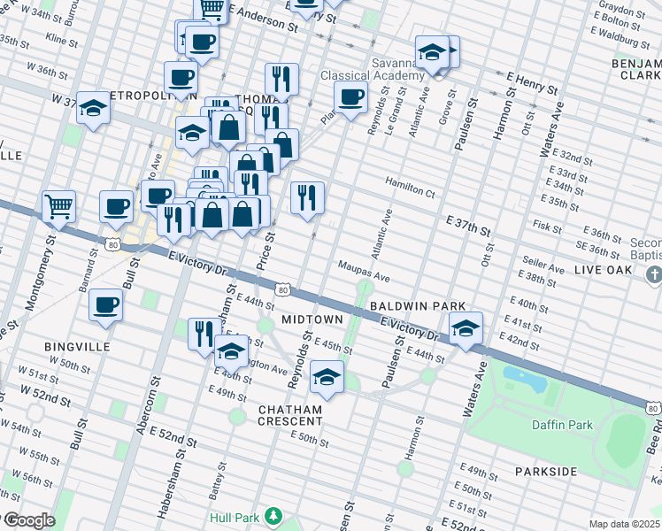 map of restaurants, bars, coffee shops, grocery stores, and more near 621 Maupas Avenue in Savannah