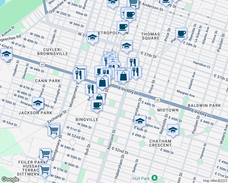 map of restaurants, bars, coffee shops, grocery stores, and more near 4 East 44th Street in Savannah