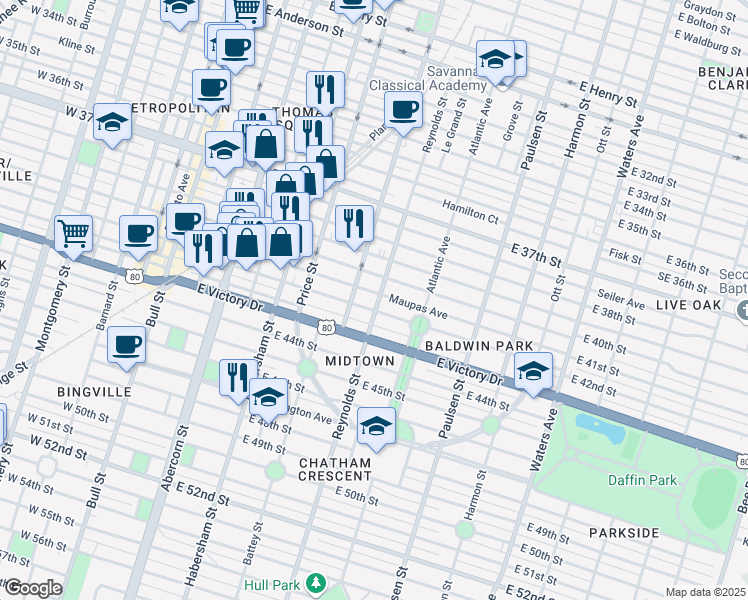 map of restaurants, bars, coffee shops, grocery stores, and more near 619 Maupas Avenue in Savannah