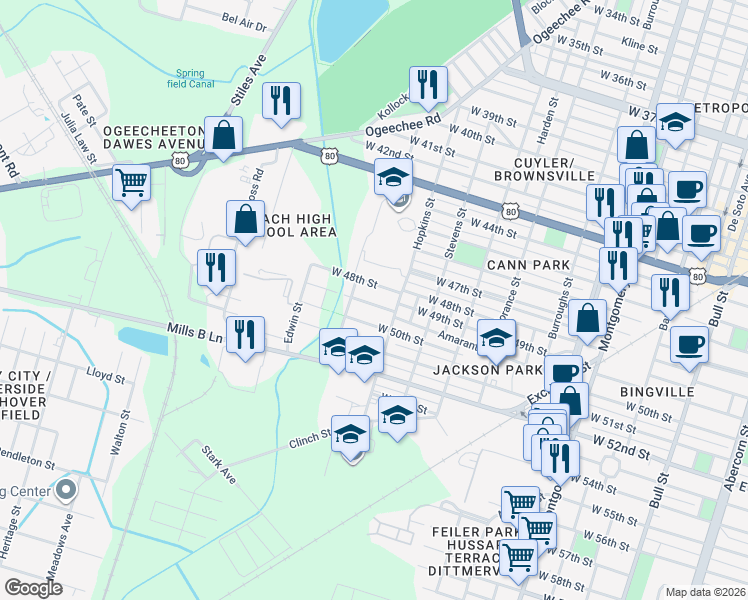map of restaurants, bars, coffee shops, grocery stores, and more near 1117 West 48th Street in Savannah