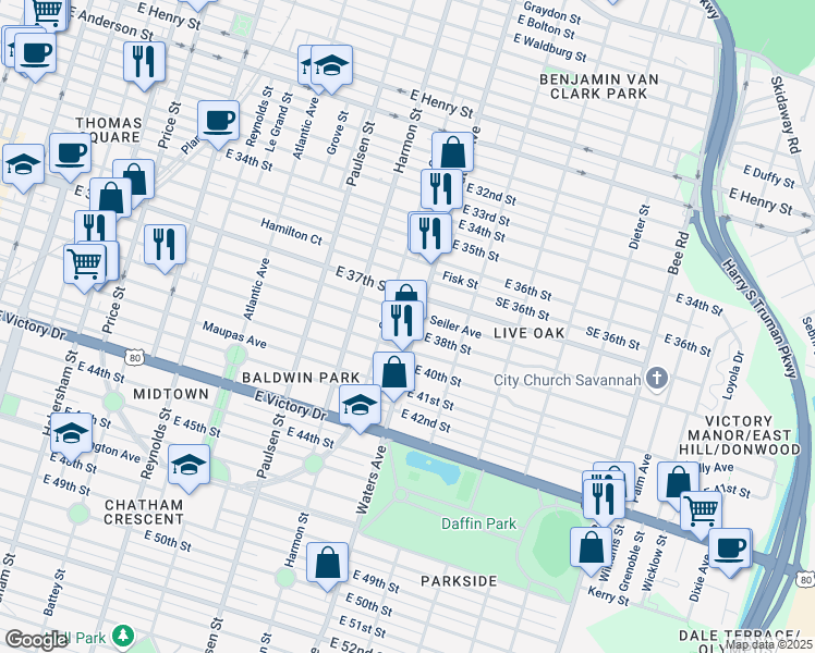 map of restaurants, bars, coffee shops, grocery stores, and more near 1022 East 38th Street in Savannah