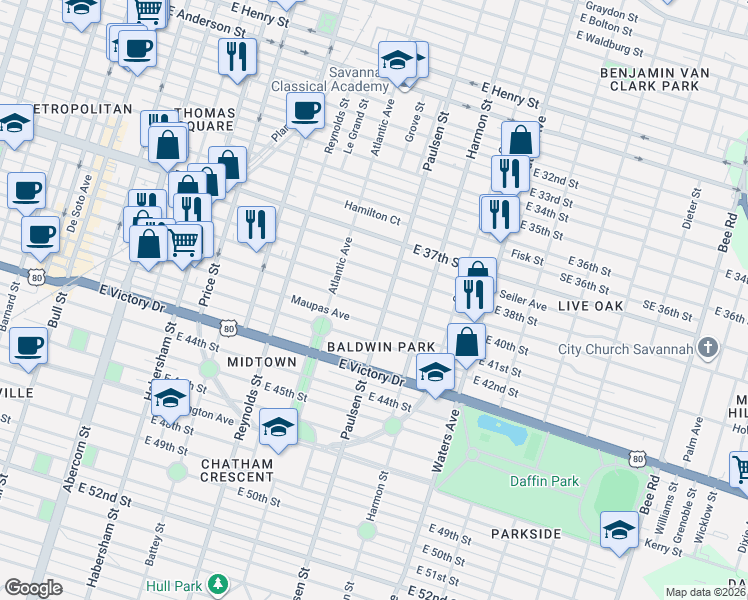 map of restaurants, bars, coffee shops, grocery stores, and more near 739 East 39th Street in Savannah