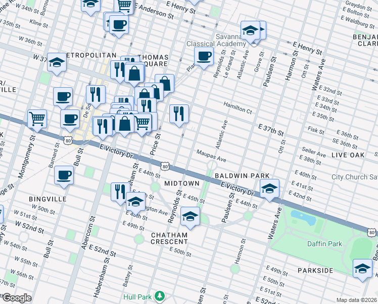 map of restaurants, bars, coffee shops, grocery stores, and more near 619 Maupas Avenue in Savannah