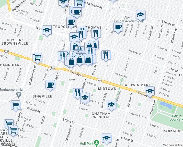 map of restaurants, bars, coffee shops, grocery stores, and more near 501 East 41st Street in Savannah