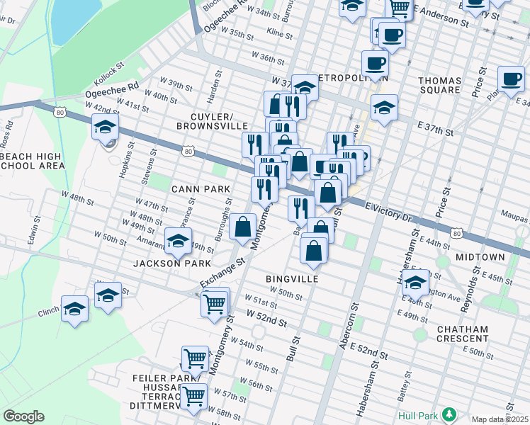 map of restaurants, bars, coffee shops, grocery stores, and more near 2818 Montgomery St in Savannah