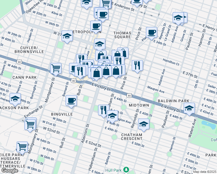 map of restaurants, bars, coffee shops, grocery stores, and more near 2515 Habersham Street in Savannah