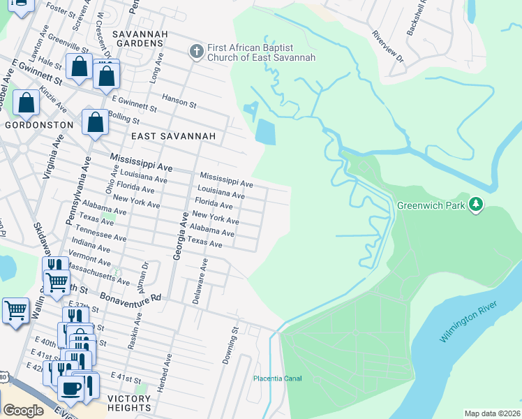 map of restaurants, bars, coffee shops, grocery stores, and more near 2510 Florida Avenue in Savannah
