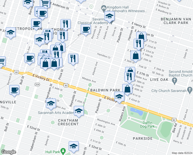 map of restaurants, bars, coffee shops, grocery stores, and more near 712 E 40th St in Savannah