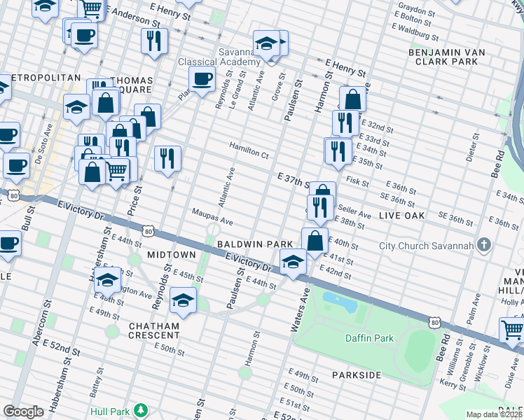 map of restaurants, bars, coffee shops, grocery stores, and more near 739 East 39th Street in Savannah