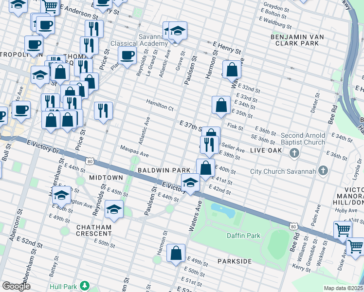 map of restaurants, bars, coffee shops, grocery stores, and more near 824 East 39th Street in Savannah