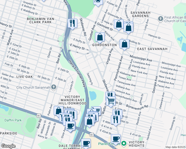 map of restaurants, bars, coffee shops, grocery stores, and more near 9 Bridgestone Lane in Savannah