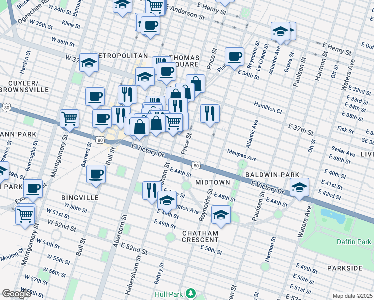 map of restaurants, bars, coffee shops, grocery stores, and more near 501 East 41st Street in Savannah