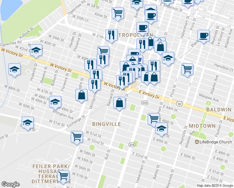 map of restaurants, bars, coffee shops, grocery stores, and more near 101 West 44th Street in Savannah