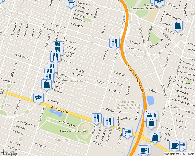map of restaurants, bars, coffee shops, grocery stores, and more near 1413 Northeast 36th Street in Savannah
