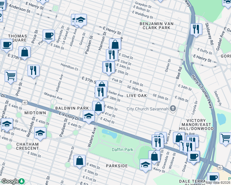 map of restaurants, bars, coffee shops, grocery stores, and more near 1126 Seiler Avenue in Savannah