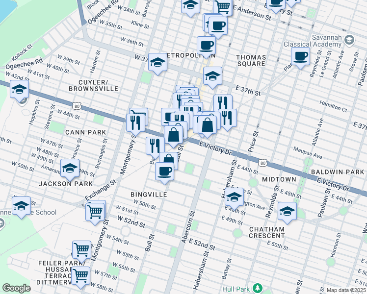 map of restaurants, bars, coffee shops, grocery stores, and more near 4 East 44th Street in Savannah