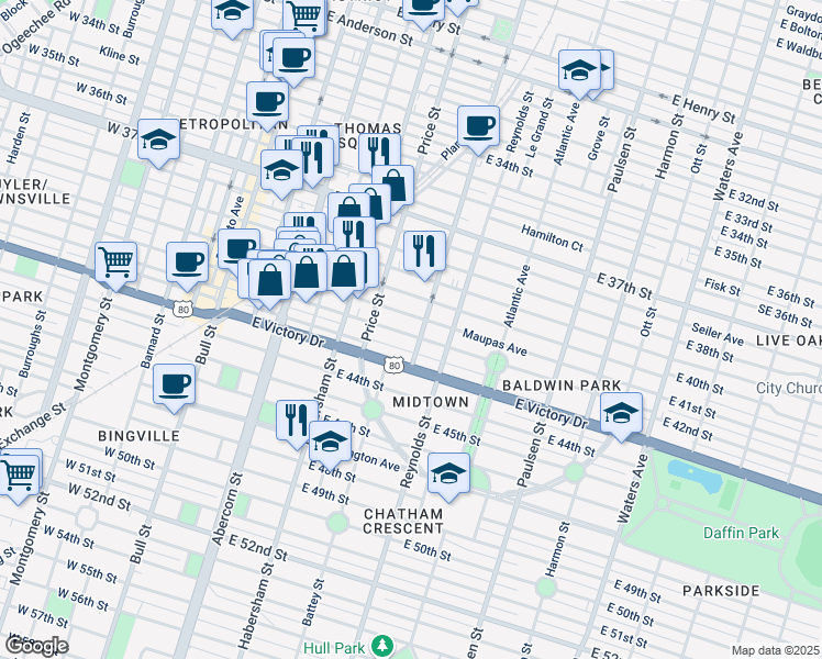 map of restaurants, bars, coffee shops, grocery stores, and more near 530 East 41st Street in Savannah