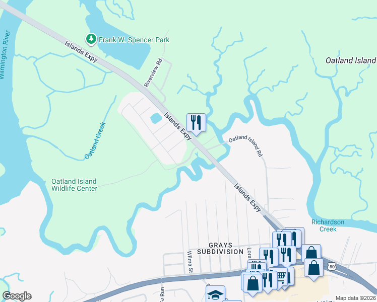 map of restaurants, bars, coffee shops, grocery stores, and more near 704 Oatland Island Road in Savannah