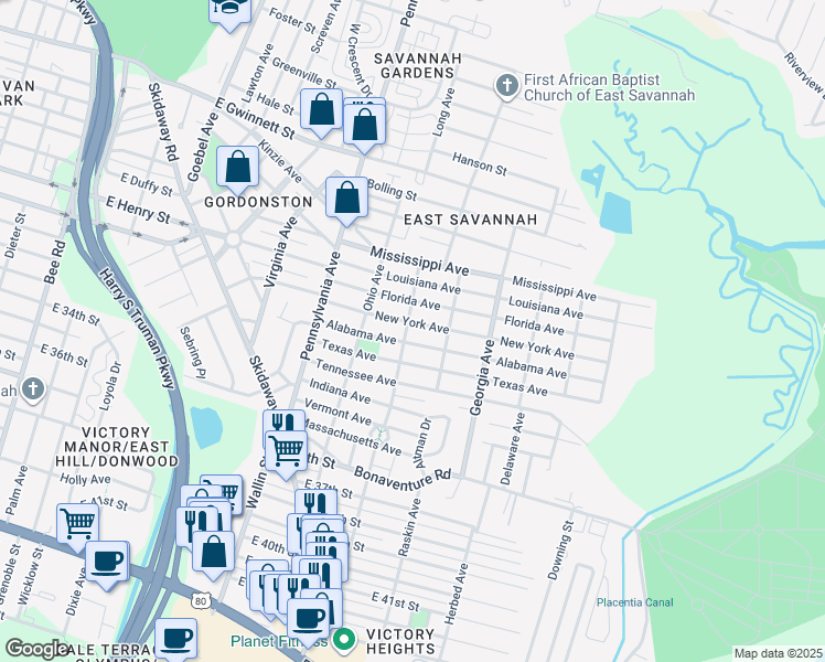 map of restaurants, bars, coffee shops, grocery stores, and more near 2141 New York Avenue in Savannah