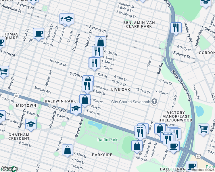 map of restaurants, bars, coffee shops, grocery stores, and more near 1215 East 37th Street in Savannah