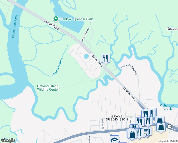 map of restaurants, bars, coffee shops, grocery stores, and more near 312 Sandy Springs Road in Savannah