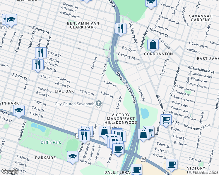 map of restaurants, bars, coffee shops, grocery stores, and more near 1620 East 35th Street in Savannah