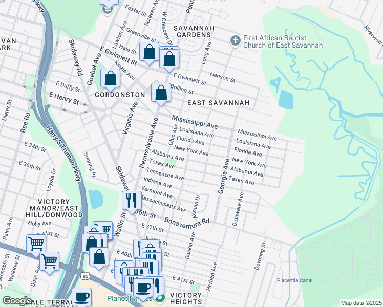 map of restaurants, bars, coffee shops, grocery stores, and more near 2141 New York Avenue in Savannah