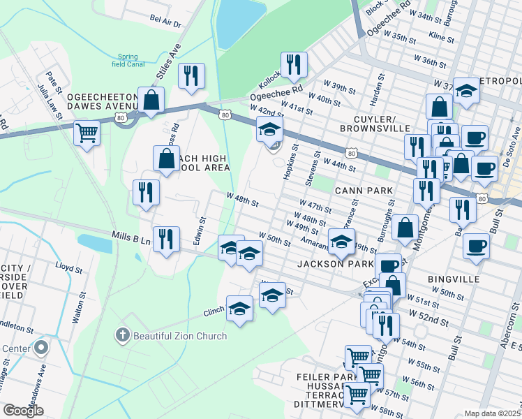 map of restaurants, bars, coffee shops, grocery stores, and more near 1117 West 48th Street in Savannah