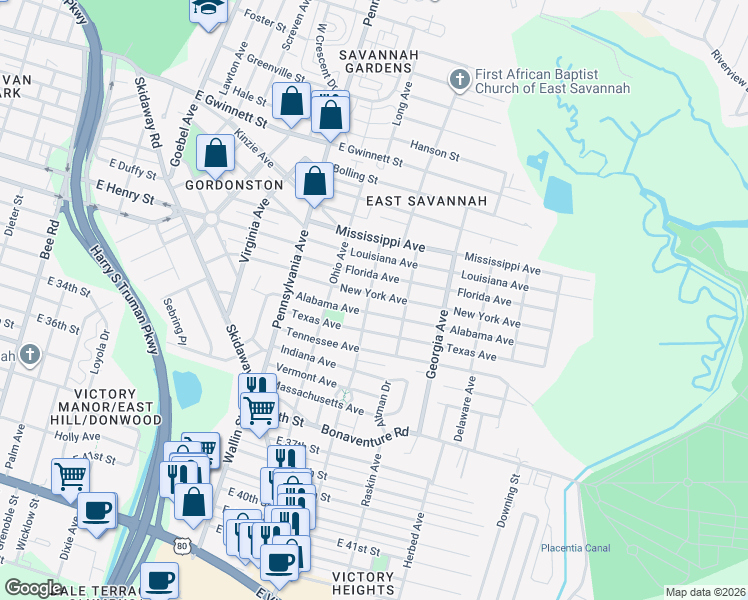 map of restaurants, bars, coffee shops, grocery stores, and more near 2141 New York Avenue in Savannah