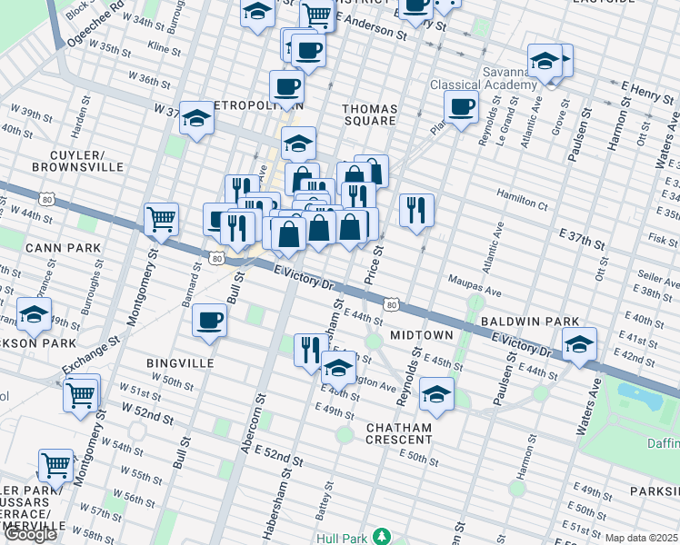 map of restaurants, bars, coffee shops, grocery stores, and more near 2515 Habersham Street in Savannah