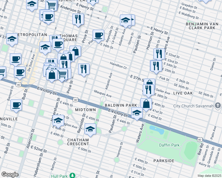 map of restaurants, bars, coffee shops, grocery stores, and more near 712 East 40th Street in Savannah