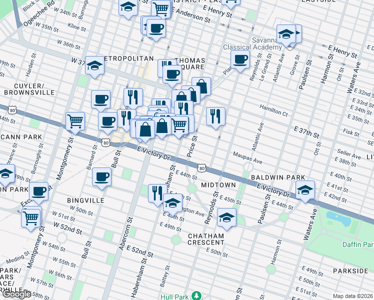map of restaurants, bars, coffee shops, grocery stores, and more near 501 East 41st Street in Savannah
