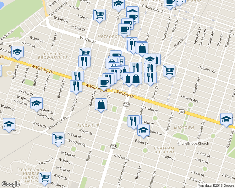 map of restaurants, bars, coffee shops, grocery stores, and more near 33 East Victory Drive in Savannah